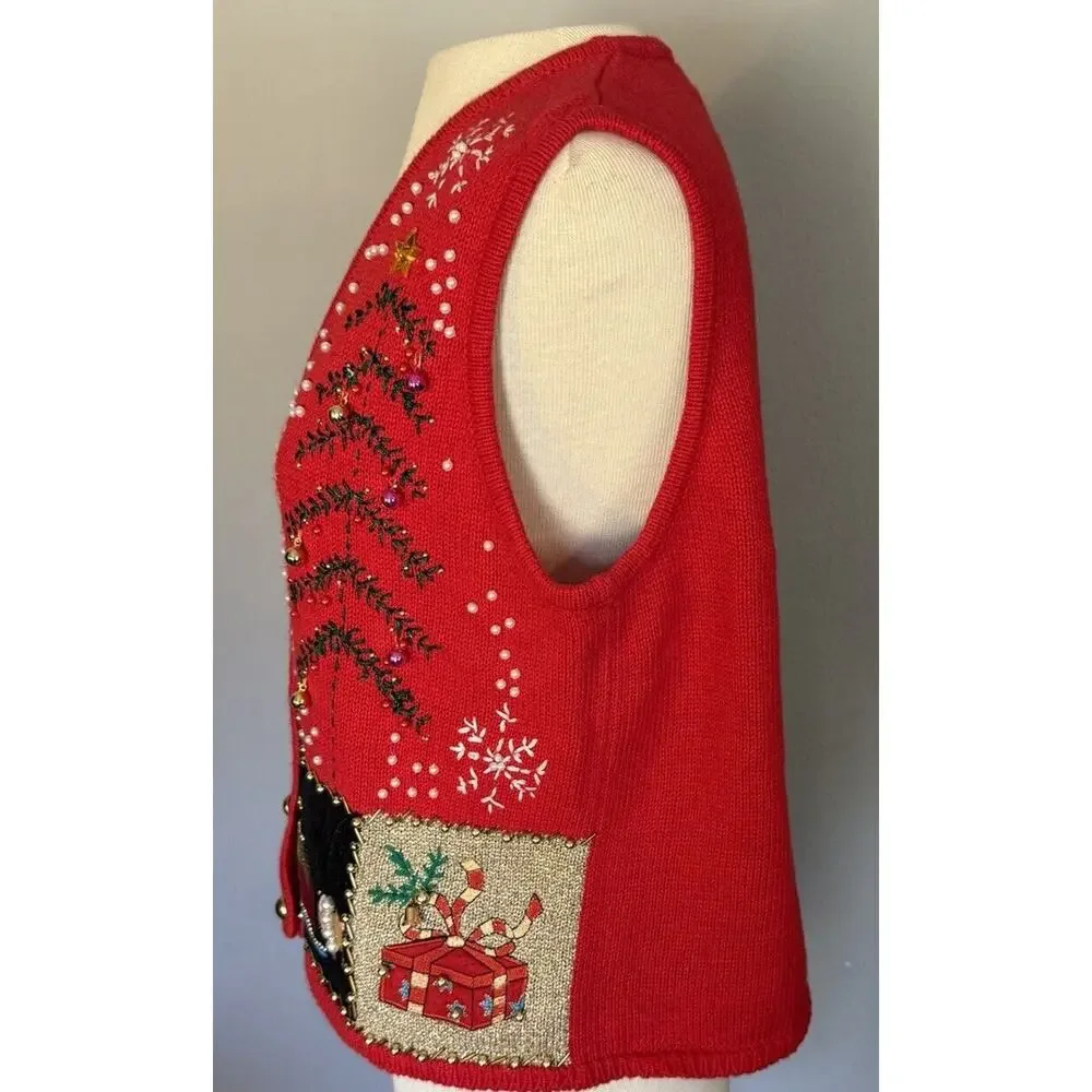 VTG Lisa International Sz PM Ugly Christmas Sweater Vest‎ Real Jingle Bells Snow